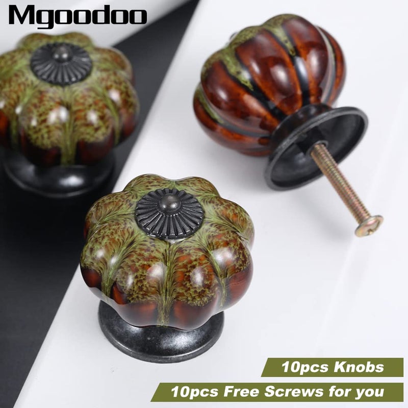 Mgoodoo 10pcs Green Pumpkin Drawer Knobs, Decorative Ceramic Handle Vintage Dresser Pull with Leopard Print for Kitchen Cabinet Door Cupboard Closet Single Hole - Image 4